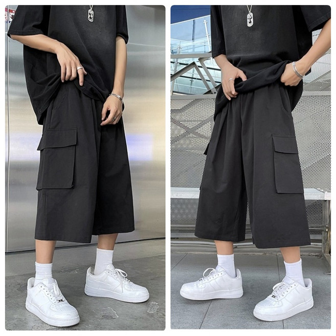 (1+1 2벌세트) 히트세븐 밴딩 루즈핏 7부바지 칠부 카고바지 작업복바지 봄 여름 통바지 오토바이 남자 반바지 밴딩 카고 팬츠 와이드 빅사이즈 BSD19, 블랙+블랙