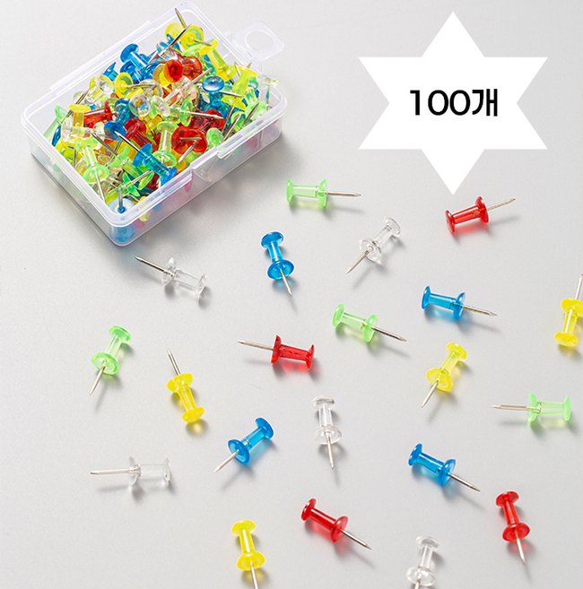 BOGUSAGU 투명 칼라 원목 압정 푸쉬핀 100P BSL-004, 컬러투명핀