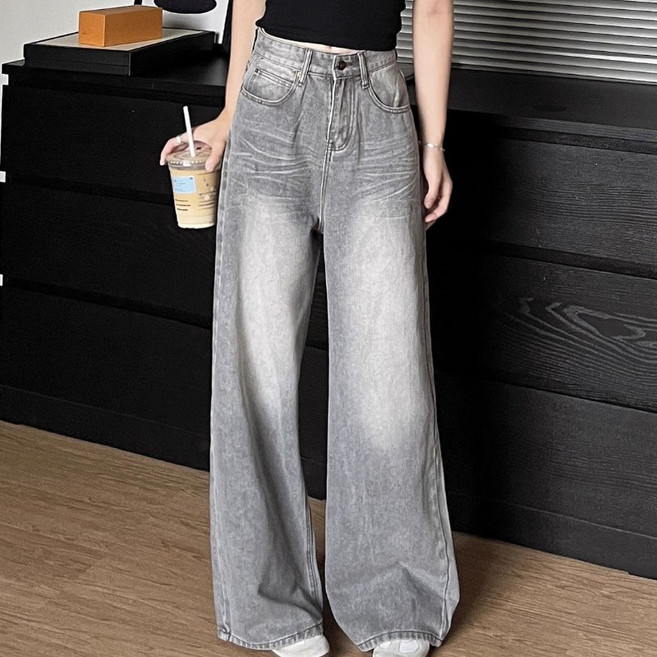 MIREA 여성 와이드핏 데님 팬츠 그레이 빈티지 캐주얼 여름바지
