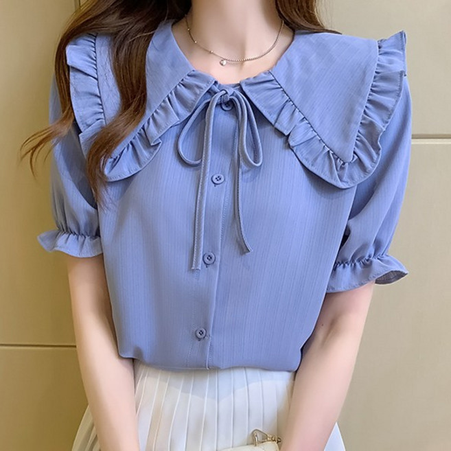 스타일아유 여성 여름 프릴 러플 빅카라 쉬폰 반팔 블라우스