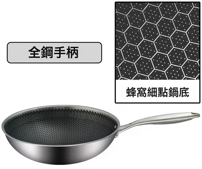 DFMEI 蜂窩不鏽鋼炒鍋家用加厚炒菜鍋電磁爐煤氣竈專用不粘煎蛋平底鍋, 1個, 單面不粘, 34cm不帶蓋子