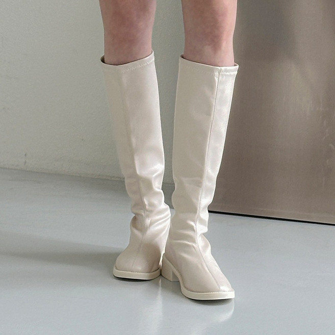 절개가죽 둥근코 미들힐 롱부츠 ( 4.5cm )