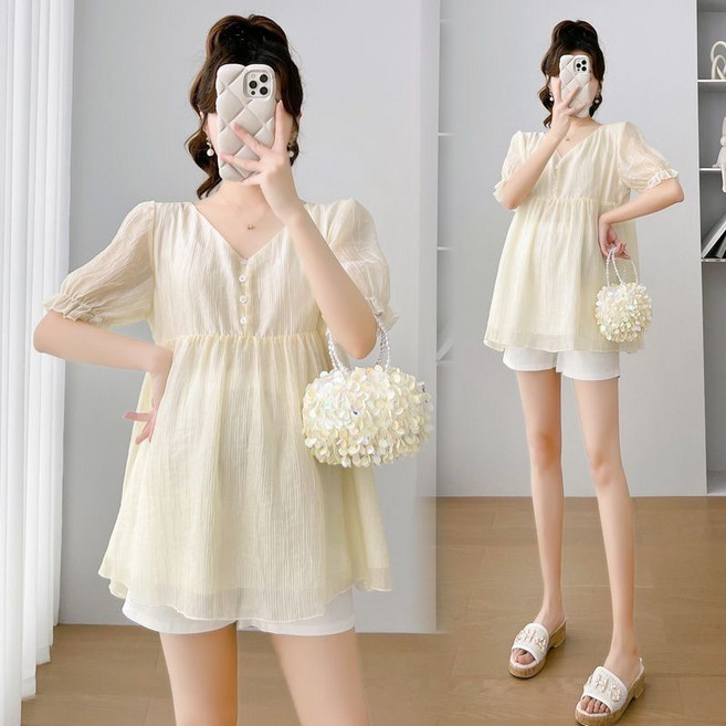 임산부 여름 쉬폰 블라우스 편안한 V넥 퍼프 소매 플레어 스타일 루즈핏 JS