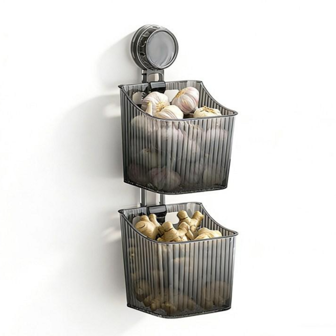 연결형 바구니 다용도 정리함 마늘 양파 채소 주방 수납 욕실 수납 무타공 흡착식, 2개, 그레이
