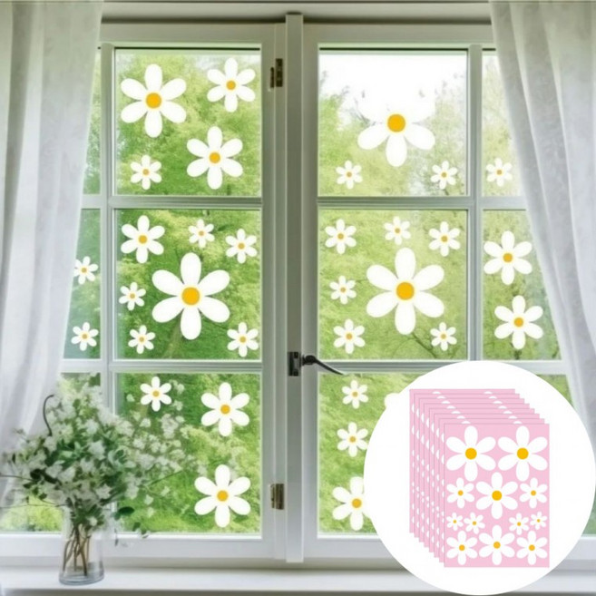 화이트 데이지 꽃 창문 유리 스티커 96개입, 1세트, 혼합(S2319) 96PCS