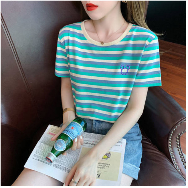 【刺繡減齡】女T恤 短袖T恤 韓版T恤 寬鬆T恤 條紋T恤 夏季上衣 圓領設計 百搭ins風 2025夏季新款