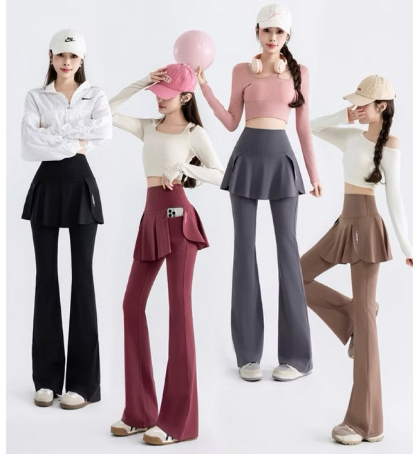 JINCHIDIE 假兩件高腰收腹微喇叭瑜珈褲 裙擺設計 高彈力顯瘦提臀運動長褲 隱藏側口袋