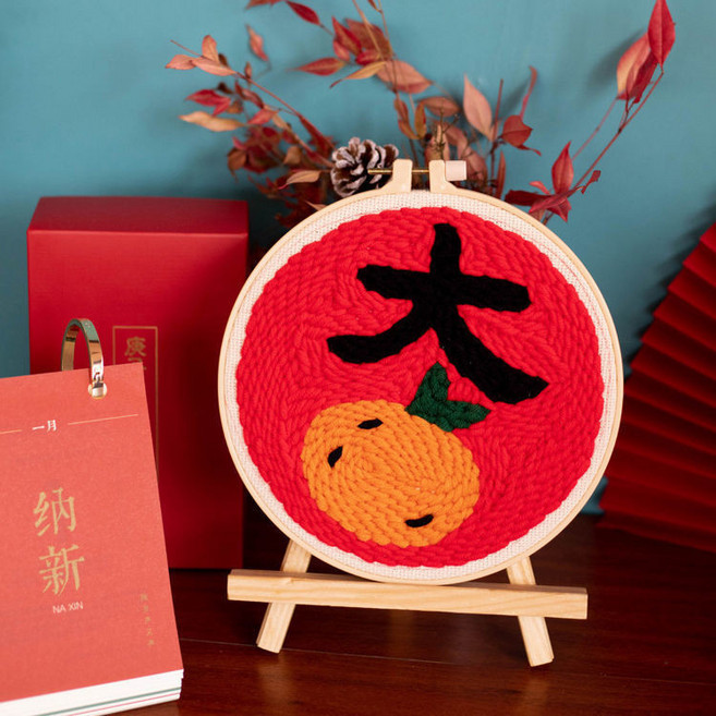 俄羅斯戳戳繡DIY材料包 - 樂墩繡十字繡毛綫刺繡搓搓繡 - 手工刺繡材料包, 1個, 大吉（20cm繡繃）,材料包+簡單戳筆+支架
