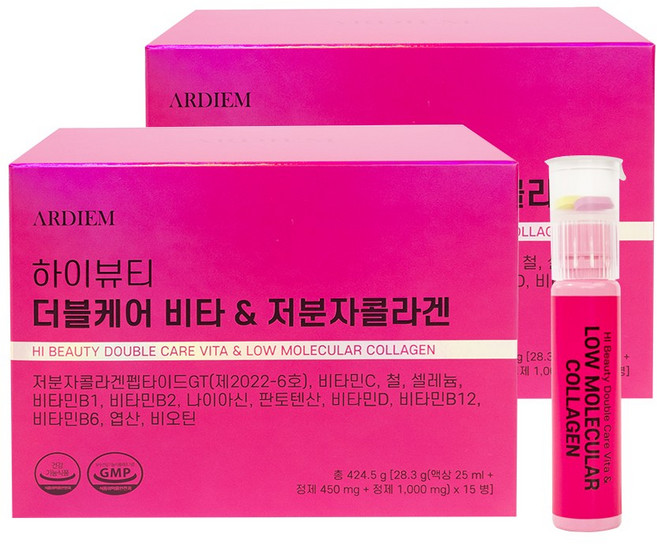 아르디엠 더블케어 비타&저분자 콜라겐 펩타이드 올인원 이뮨비타민 25ml x 15병, 2박스, 15회분