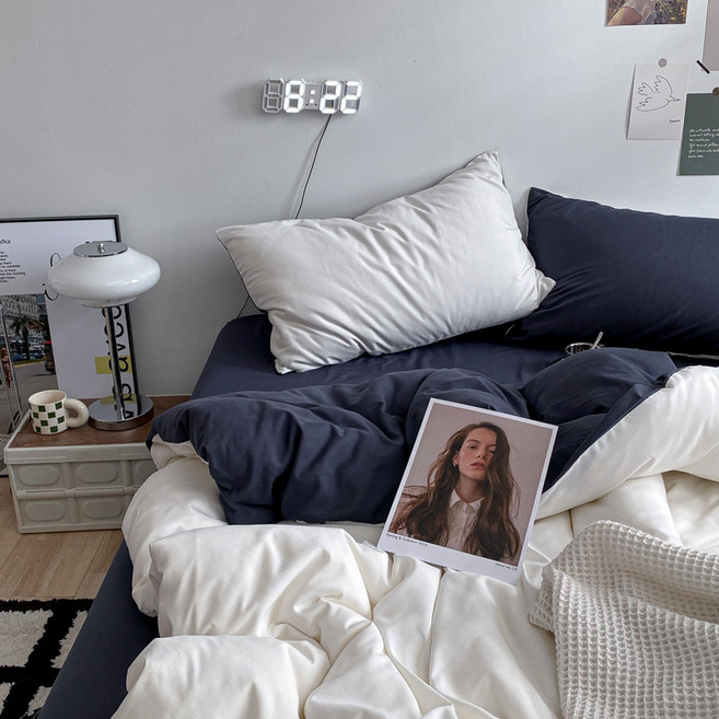 일본 스타일 봄 여름 계절 물세탁 차렵이불+패드+베개커버 세트, 더블 화이트 블루 그레이, 1.2m 침대 시트 4 피스 세트 [퀼트 커버 1500