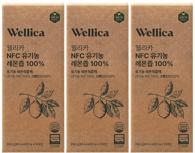 웰리카 레몬즙 레몬수 NFC 유기농 레몬즙100% 20g x 14포, 3개, 280g