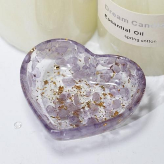 크리스탈싱잉볼 크리에이티브 크리스탈 치유 돌 수지 칩 하트 모양의 그릇 장식 홈 액세서리 책상 미니어처, Amethyst gold foil