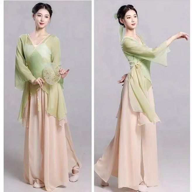 超值 女媧褲古典舞演出服裝飄逸紗衣中國舞練功服身韻仙氣雪紡上衣古風 副廠商品, 宮牆綠紗衣+香檳色褲子 送吊帶,S