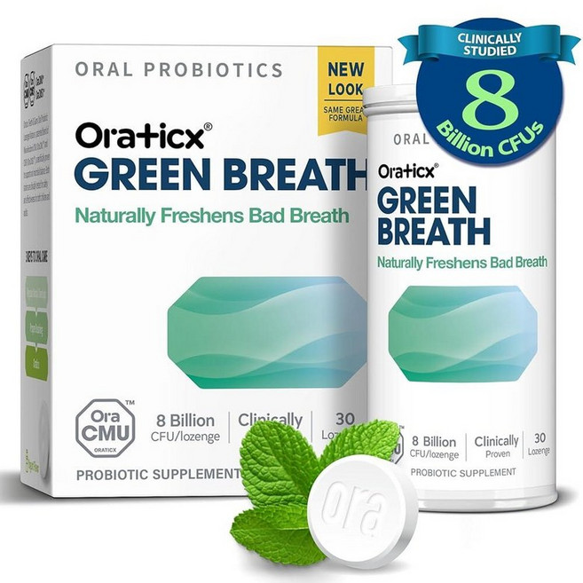 OraTicx Green Breath 구강 프로바이오틱스 80억 CFU 덴탈 케어 프로바이오틱스 더 이상 구취 없음 성인용 구강 건강과 면역 지원 신선한 민트 맛 30캔, 1, 30, 그린