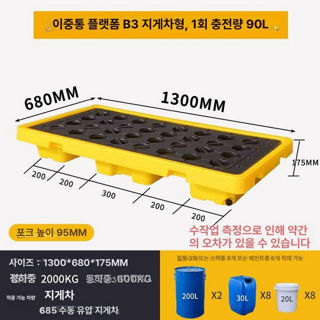 기름유출방지 오일트레이 파렛트 기름 깔판 유출 산업용 폐기물, B3 드럼 1300 x 680x175mm, 1개