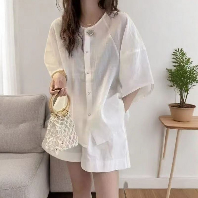 루스리더 여성용 날씬해보이는 빅사이즈 반팔 블라우스 셔츠 V322