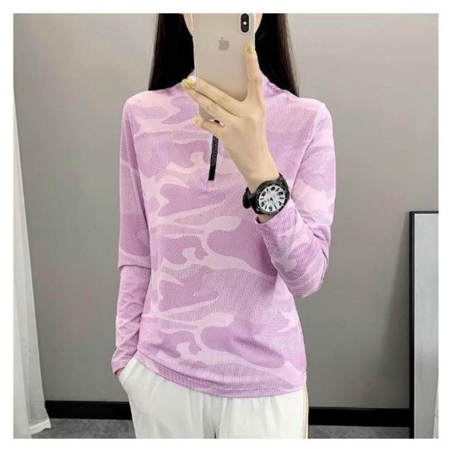 運動上衣女夏季修身透氣薄款長袖t恤 吸濕排汗衫 彈性立領速乾顯瘦健身衣 大呎碼冰絲涼感衣 休閒跑步排汗衣