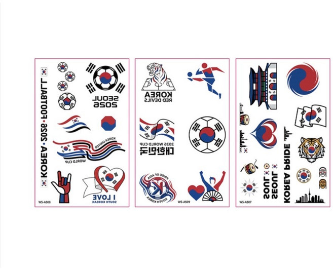 축구응원타투 축구타투 2026년월드컵 타투 판박이스티커 3P, 1세트, 대한민국타투