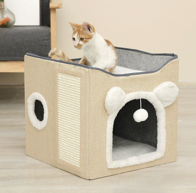 루미베로 접이식 스크래쳐 고양이 하우스, 1개, 베이지