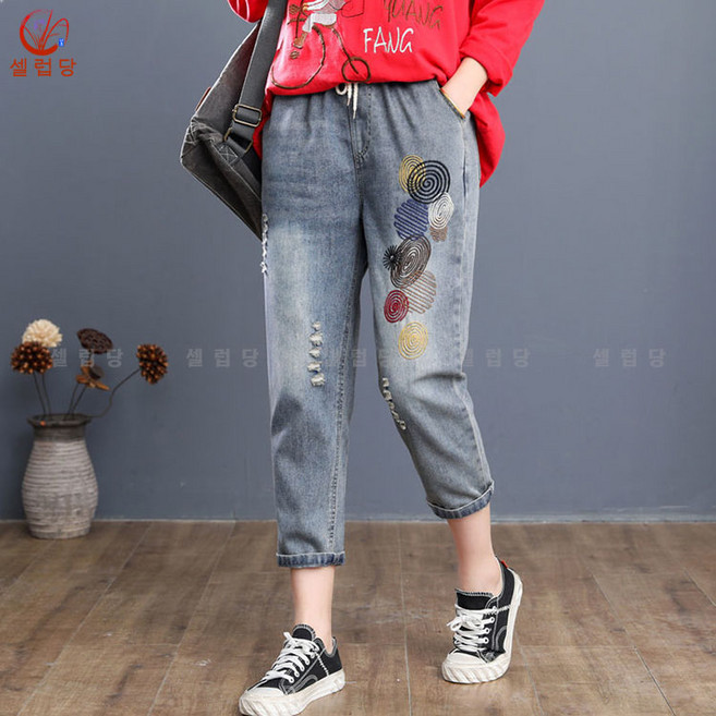 셀럽당 여성 청바지 밴딩 허리 와이드 9부 팬츠 캐주얼 하이웨스트 배기 팬츠