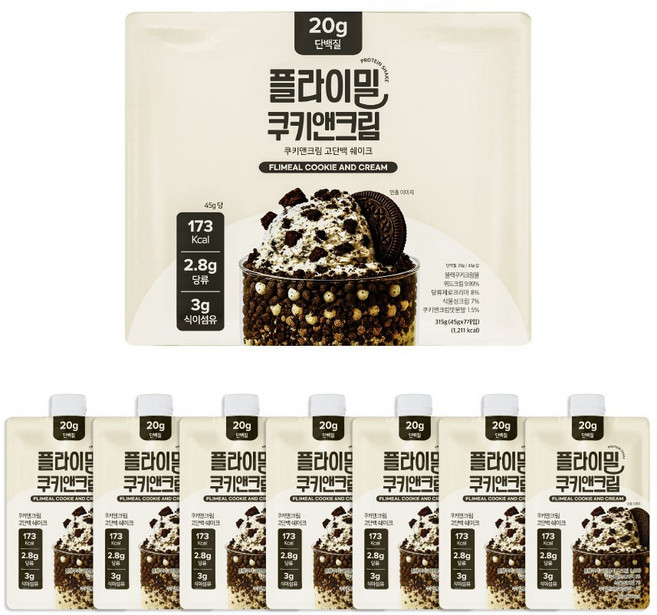 플라이밀 단백질 쉐이크 파우치 쿠키앤크림맛, 45g, 7개