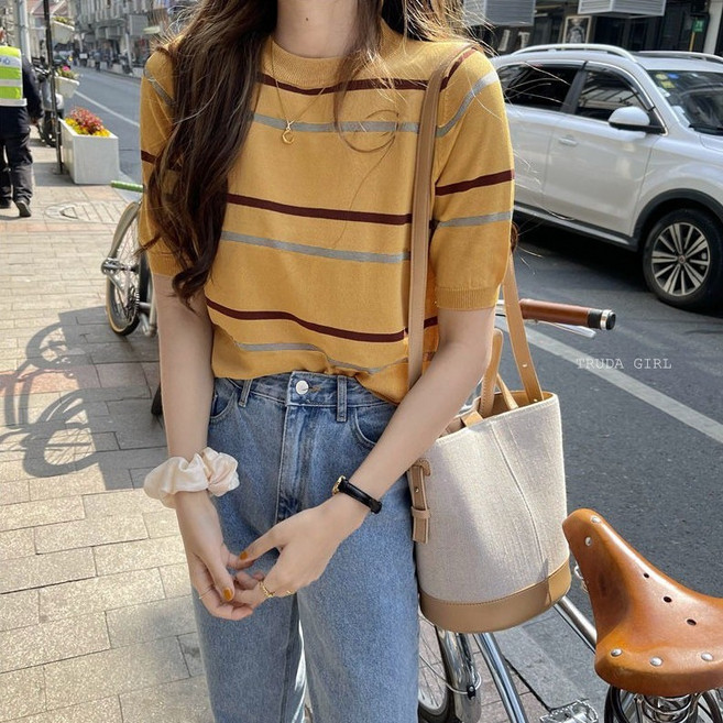 杜達女孩 蜜糖條紋 冰絲薄針織短袖上衣