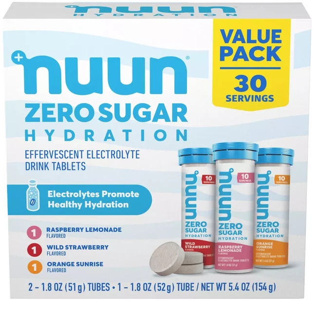 Nuun 하이드레이션 전해질 드링크 라즈베리 레모네이드 + 와일드 스트로베리 + 오렌지 선라이즈 발포타블렛 30개입, 154g, 1개 - 쿠팡