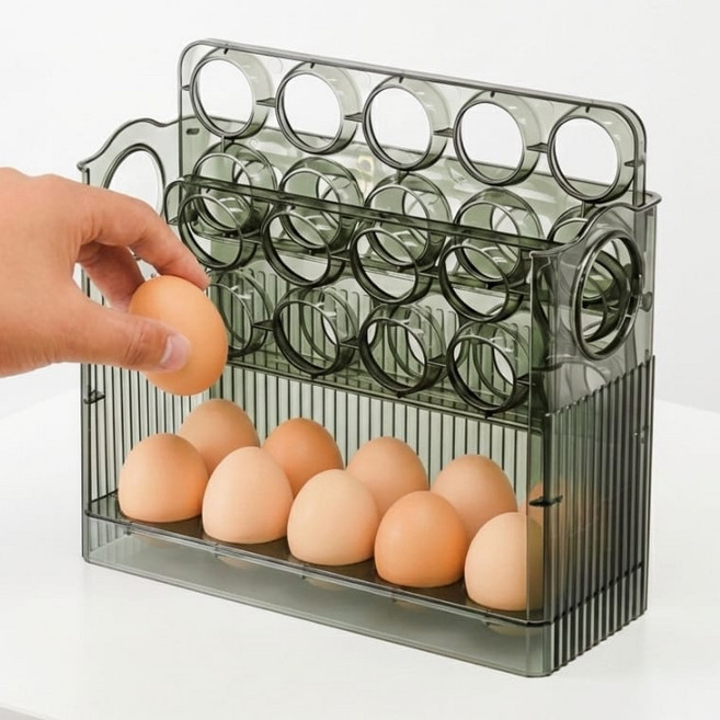 자동으로 접히는 계란트레이 3단 30구 달걀보관함 계란정리함, 그린