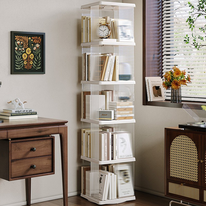 프리미엄 아크릴 360도 회전 책장 2-5단 대용량 수납 책꽂이, 5단 사각형 투명