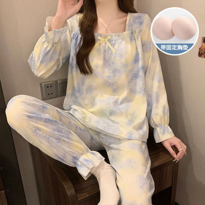 佳儷塑形衣坊 帶胸墊睡衣女長袖長褲套裝 甜美家居服