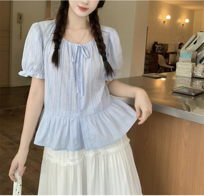 제이씨엠 JCM468 여성 여름 러블리 퍼프소매 포인트 패턴 끈조임 반팔 시스루 블라우스