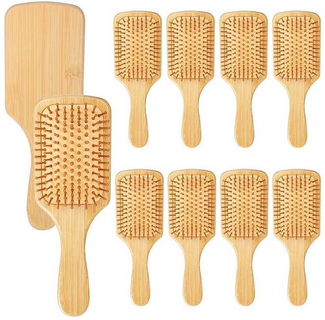 Wanmu 대나무 헤어 브러시 12개 벌크 라운드 팁 대나무 빗살 엉킴 방지 브러시 패들 경량 마사지 정전기 방지 여성 남성 및 아동용 모발 성장을 위한 두피 자극 (L, 10, 스몰