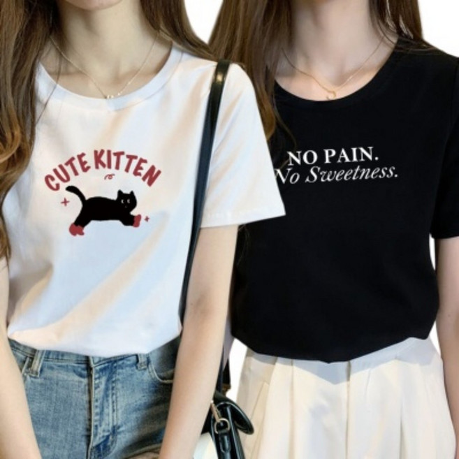 프리티쥬시 1+1 여성 라운드넥 면 반팔티 고양이 반팔티셔츠