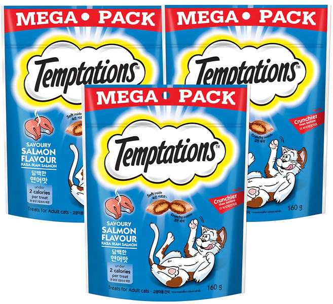 템테이션 고양이 클래식 메가팩 스낵, 담백한 연어맛, 160g, 3개