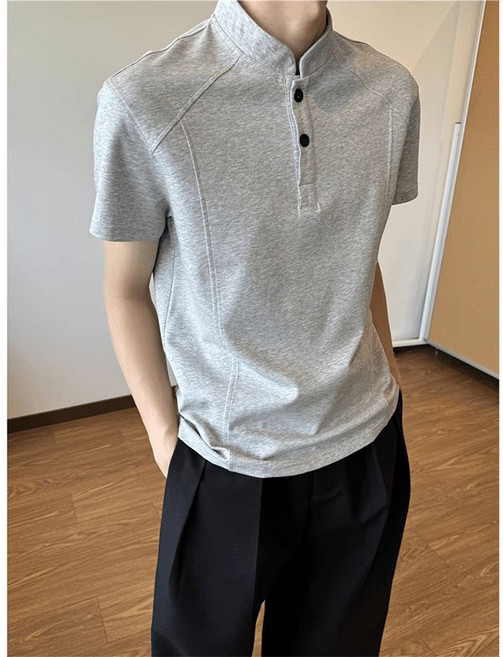 【美式復古解構】亨利領T恤 男款T恤 短袖T恤 夏季T恤 半袖Polo衫 灰色拼接設計 Cleanfit風格 復古休閒 日常百搭