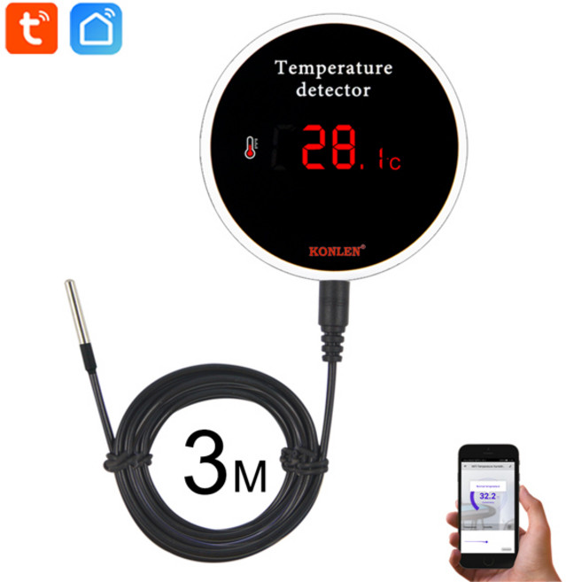KONLEN Tuya Wifi 온도 센서 3m 와이어 프로브 디지털 Smartlife 온도계 스마트 홈 워터 풀 온도 조절기, 02 UK power plug, 1개