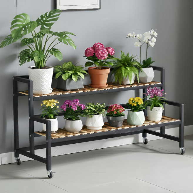 디원리빙 이동식 프리미엄 철제프레임 계단식 화분 정리 선반대, 블랙 120cm, 2단