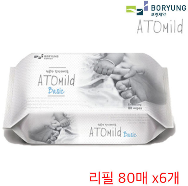 아토마일드 베이직 엠보 리필80매 유아물티슈, 80매, 6개