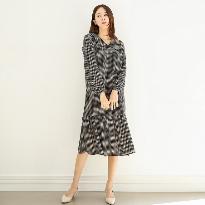 프롬코 여성 긴팔 카라 프릴 쉬폰 롱 원피스 FRC120