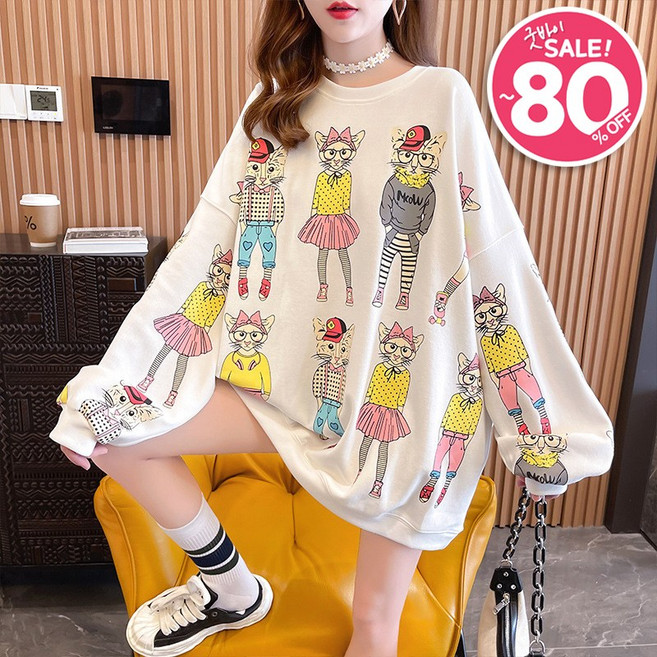 퀸앤조이 패션캣츠 프린팅 루즈핏 맨투맨