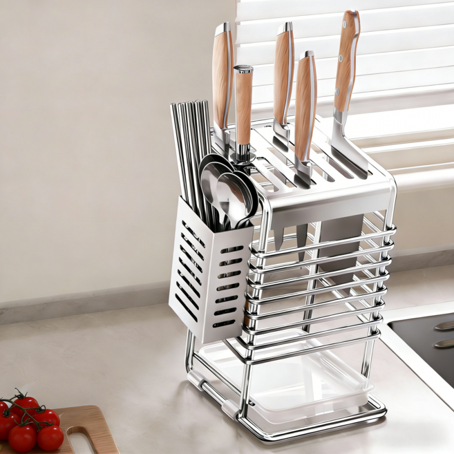 다용도 칼꽂이 수저통 2in1대용량 9구 스텐 칼꽂이, 1개, 업그레이드형