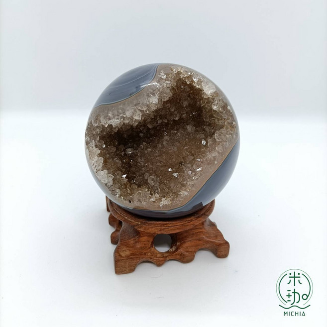 米珈MICHIA 白水晶晶洞 開口笑瑪瑙邊烏拉圭晶石原石 附底座