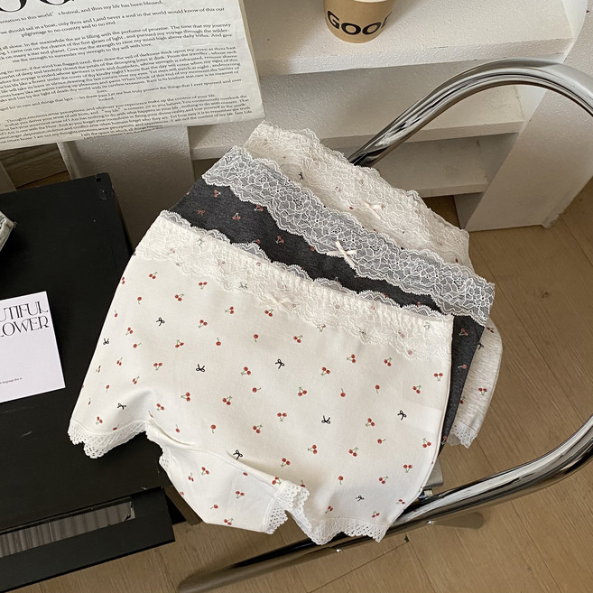 오웬가 여성 귀여운 고탄력 면스판 체리 레이스 사각팬티 3종세트