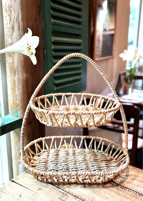 2단 바구니 접시 트레이 진열대 베이커리 매장 라탄 꽃바구니 과일바구니 과일트레이 촬영소품 인테리어 공예 꽃꽃이 공방, PP 베이지 2개