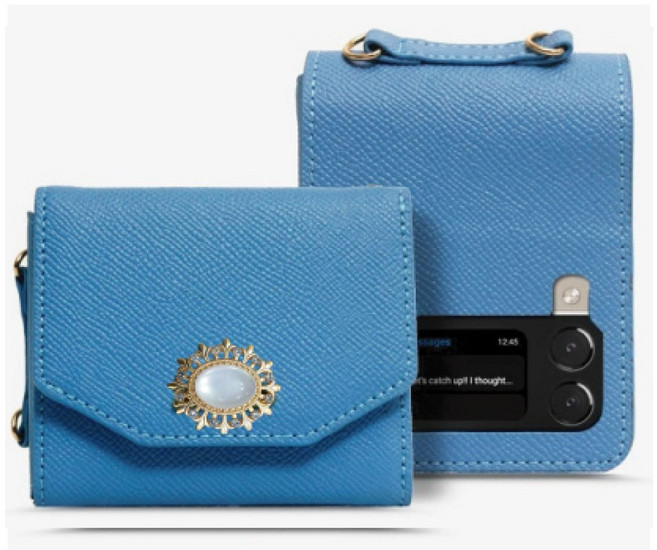 갤럭시 Z플립3 _ 앤틱 펄 천연 소가죽 금속장식 지폐1칸+카드4장 수납 지갑형 케이스 + 핸드스트랩