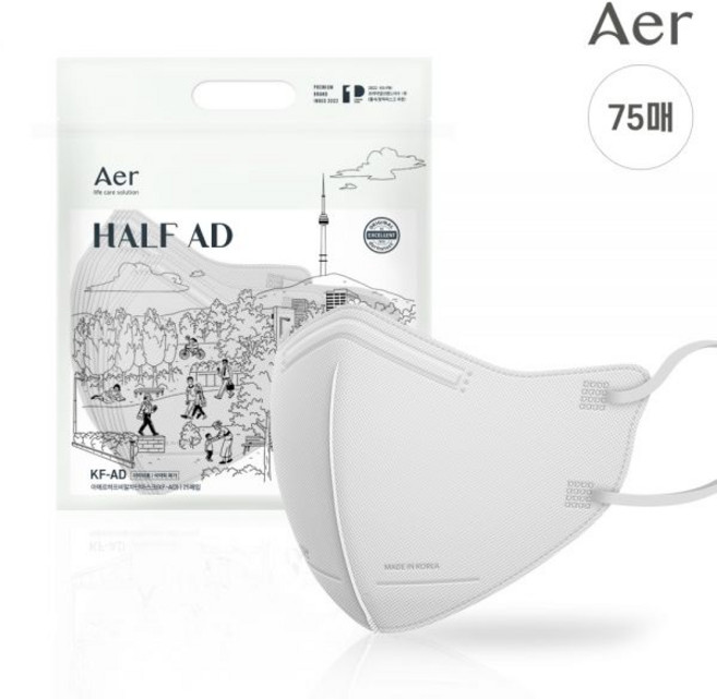 더 안전하고 가볍게 아에르 KF-AD 비말차단 마스크 75개입, 1개, KF-AD 비말차단 화이트-M(75개입)