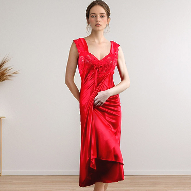 국산 홈드레스 잠옷 롱원피스 빅사이즈 레이스 여성롱슬립 930413456EA