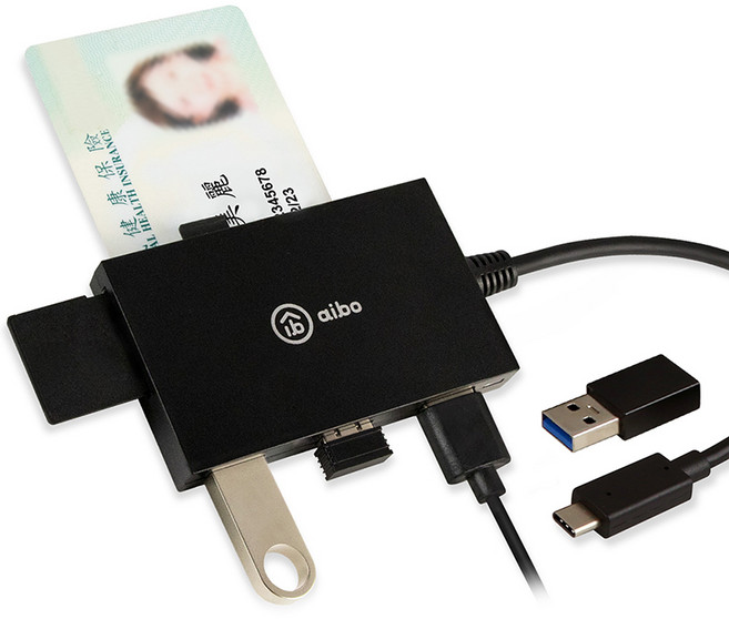 aibo IC Card 晶片讀卡機 Type-C 3.0 雙記憶卡槽 + HUBx3 支援 Win11 Mac, 黑色, 1個, ICCARD-ABX3