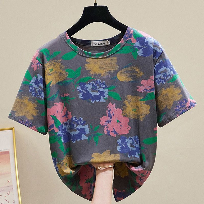 미중 여성 꽃무늬 반팔티 오버핏 루즈핏 빅사이즈 라운드넥 데일리 여름 티셔츠 yf