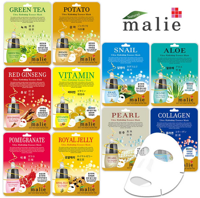 마리에 에센스 마스크팩 100매 콜라겐 달팽이 진주 알로에 석류 홍삼 로얄젤리 비타민 감자 녹차, 1개, 100개입